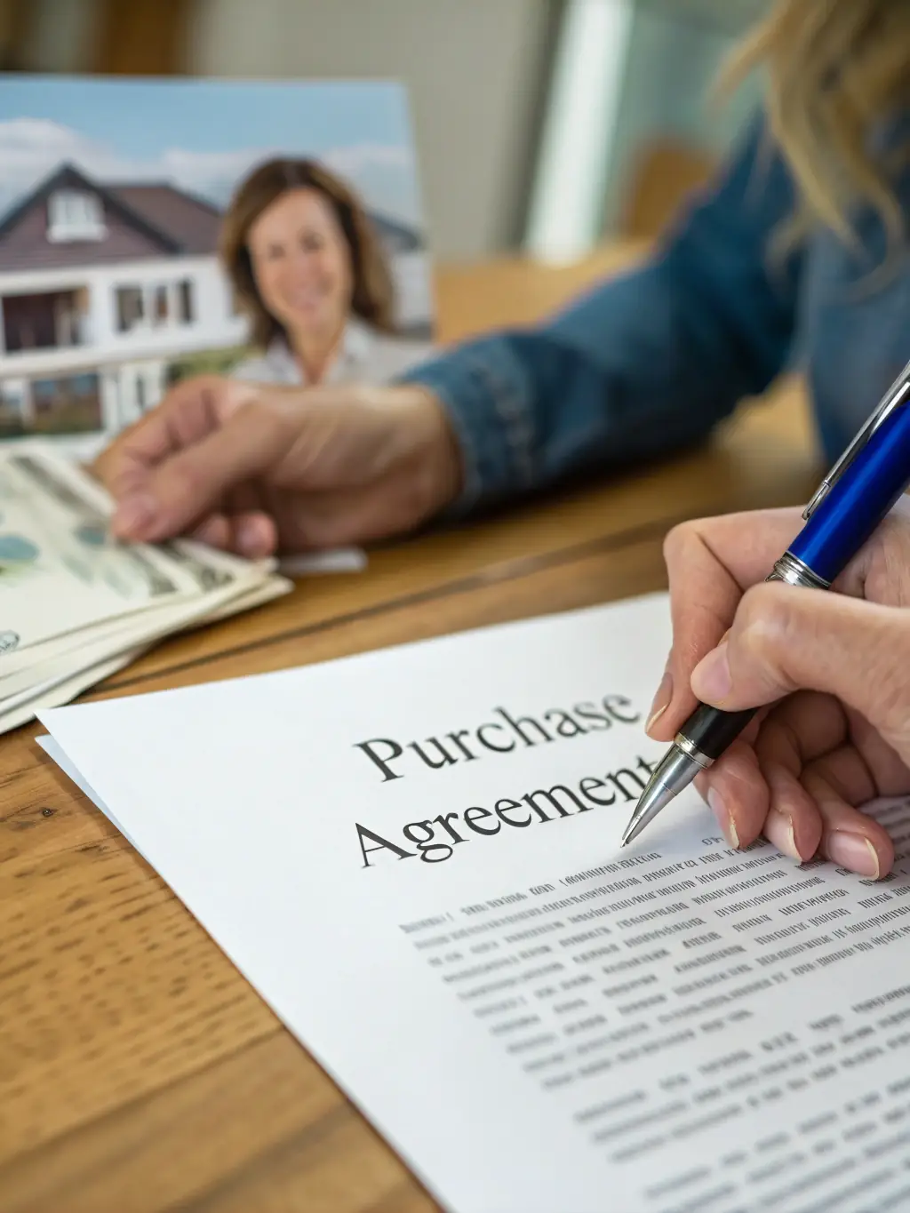 A close-up photograph of a real estate transaction document being signed, with a focus on the fine print and the hands of the individuals involved. The image should convey the importance of attention to detail in real estate deals.