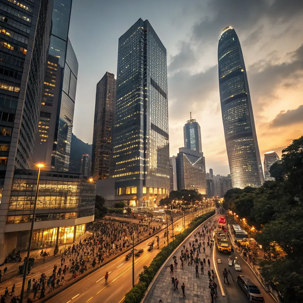 A modern skyline of an Asian metropolis, highlighting technological advancements and economic growth.