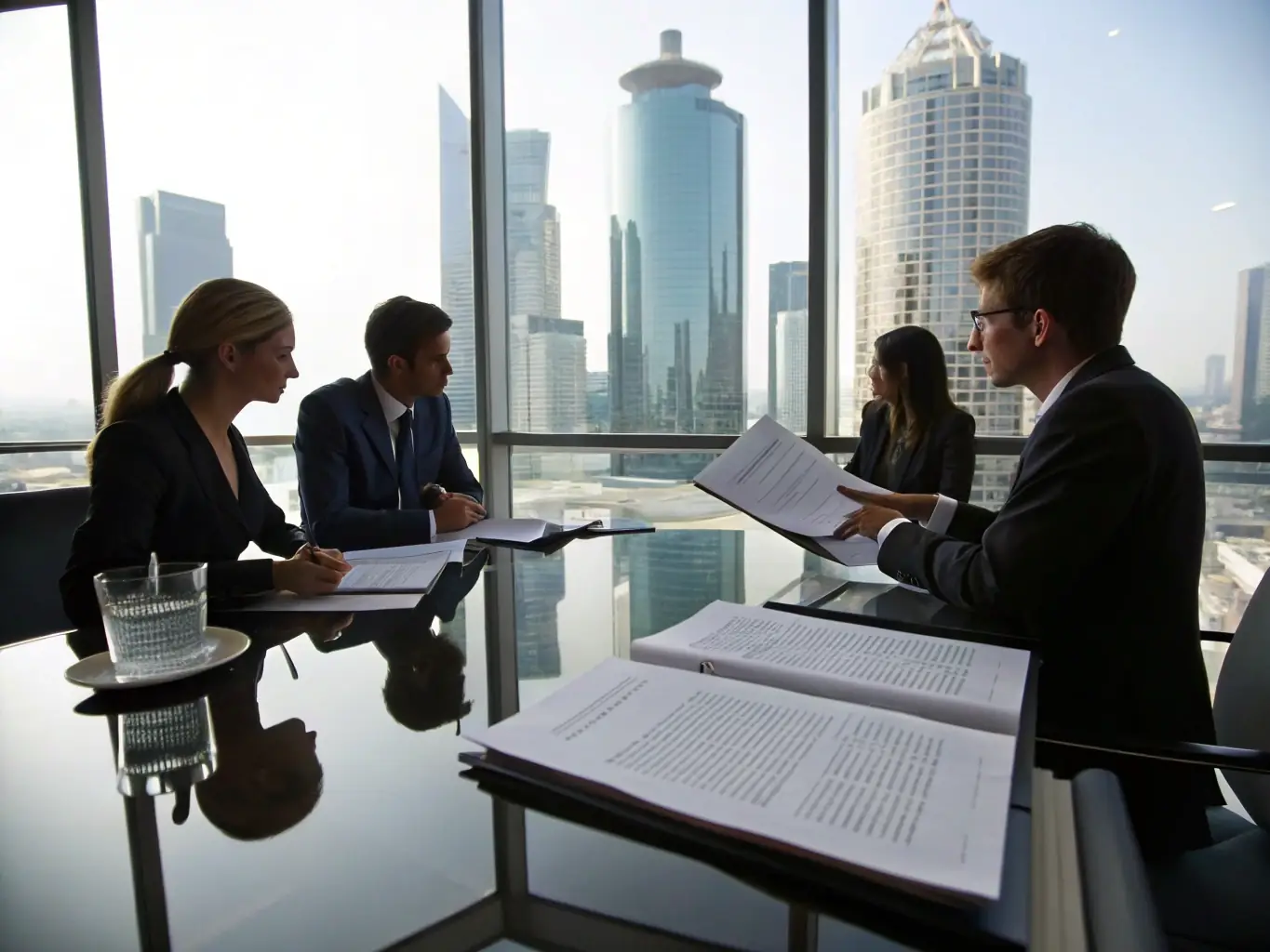 A high-angle, detailed photograph of blueprints and financial documents spread across a conference table, with a blurred background showing the Manhattan skyline through a window, symbolizing strategic planning.