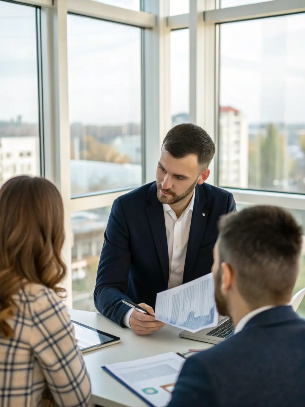 A real estate advisor sitting at a desk, reviewing property documents with a client in a modern office setting, emphasizing personalized service.