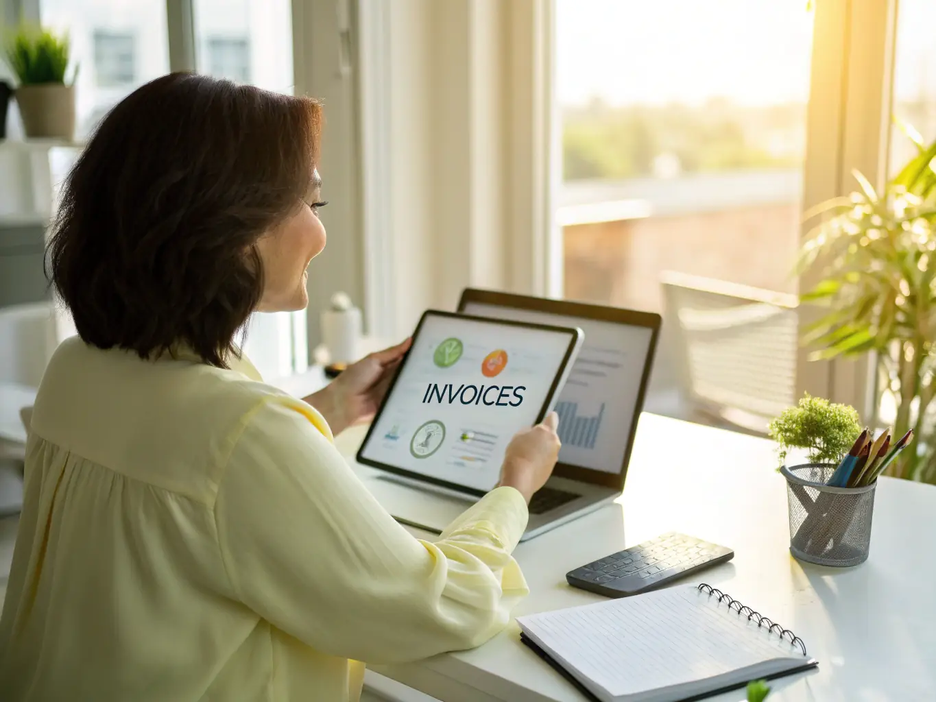 A professional real estate advisor is reviewing market data and trends on a digital tablet in a modern office setting, symbolizing informed decision-making.