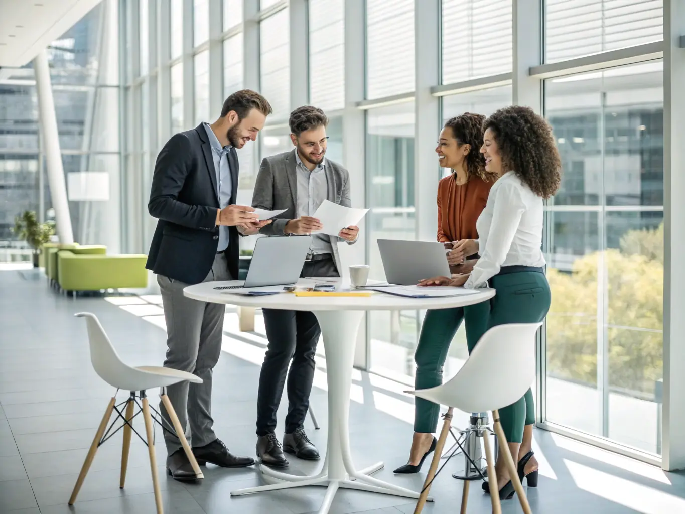 A diverse team of Beverly Hills Advisory consultants collaborating on a business expansion strategy in a sunlit conference room, representing expert business expansion consulting.