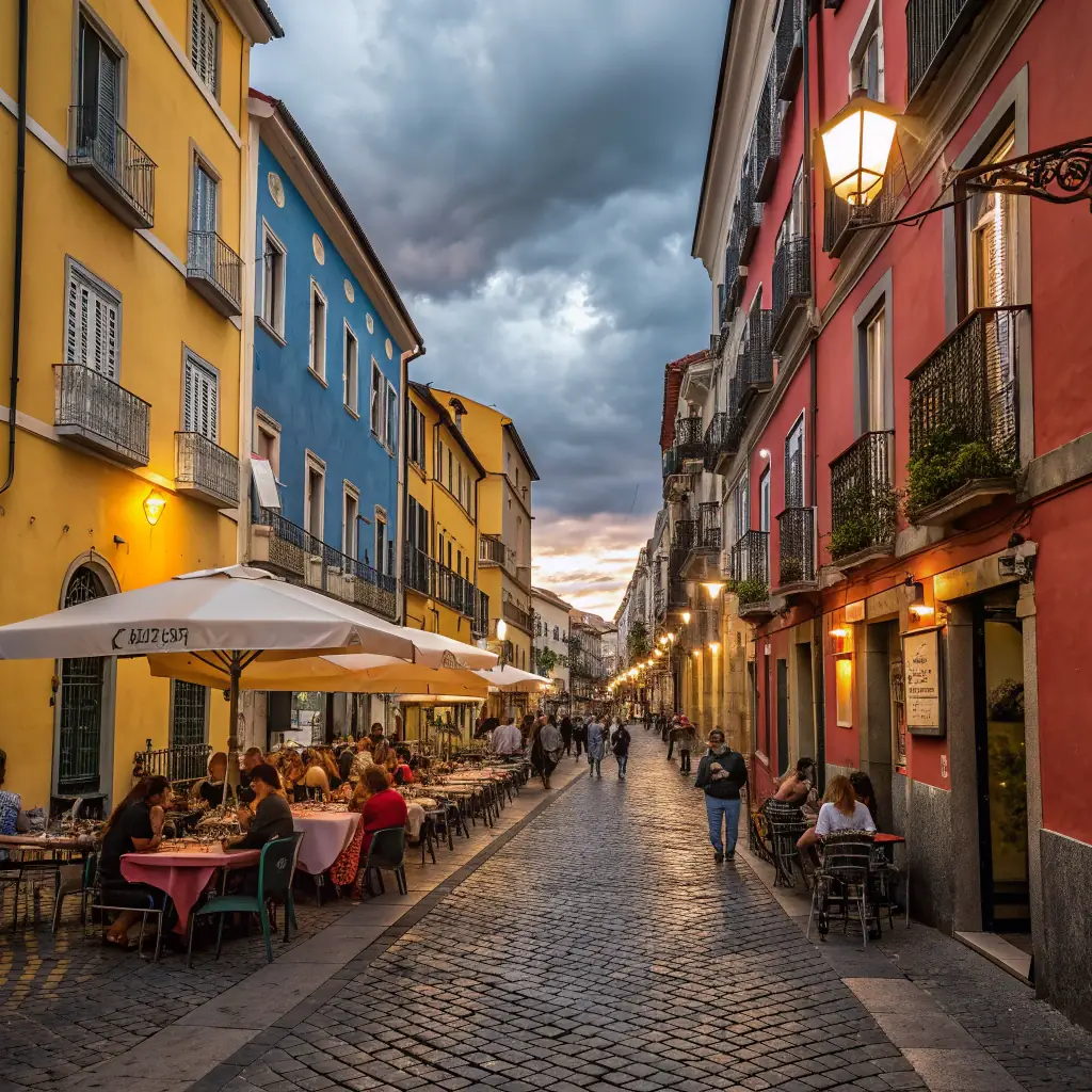 A picturesque view of a European city, featuring historic architecture and bustling streets.