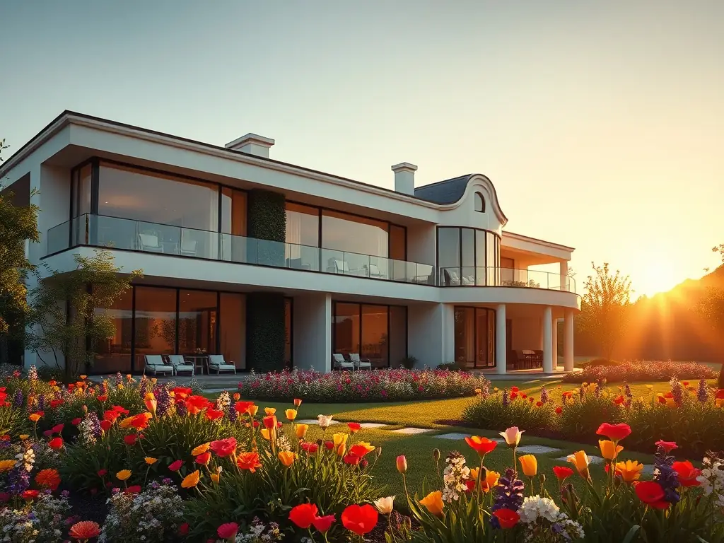 A high-angle, wide shot of a modern, luxurious home with manicured landscaping, bathed in the warm light of a setting sun, symbolizing high-value real estate and prosperity.