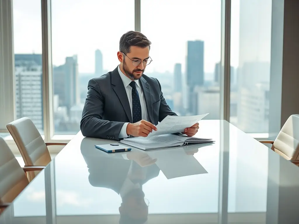 A high-net-worth individual in a tailored suit confidently reviewing financial documents with a Beverly Hills Advisory consultant in a modern office setting, symbolizing personalized financial guidance.
