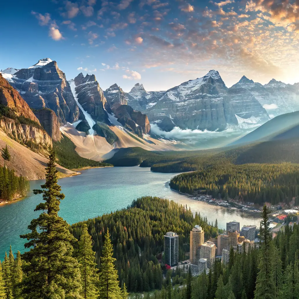 A scenic landscape of Canada, featuring natural beauty and urban centers.