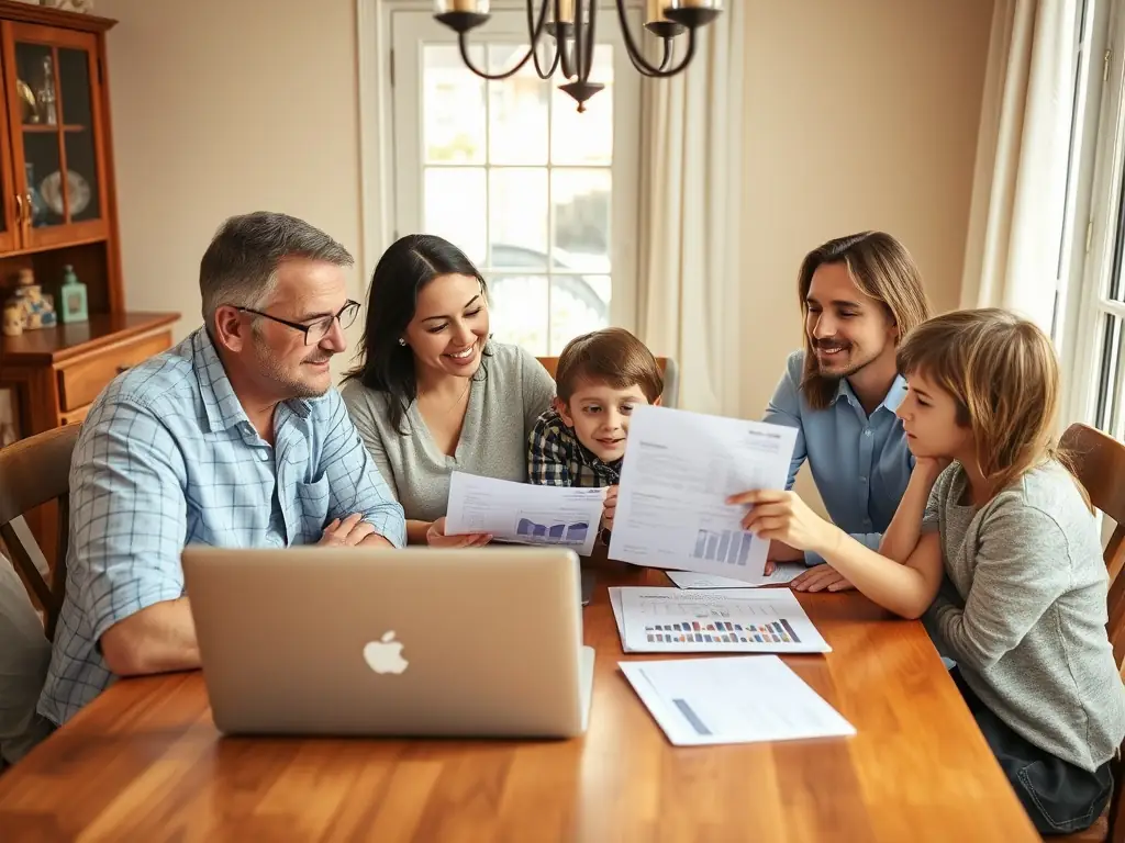 A sophisticated image of a high-net-worth family in a modern Manhattan apartment, discussing investment strategies with a financial advisor. The image represents wealth, security, and long-term financial planning.