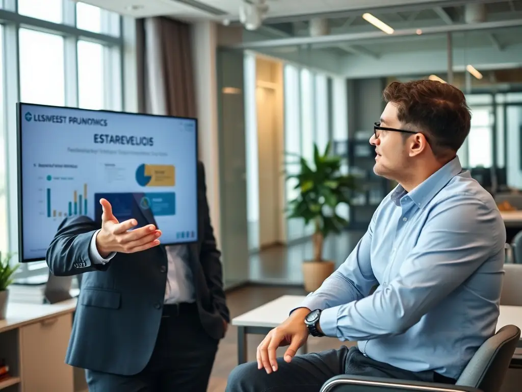 A close-up shot of a consultant in a sharp suit, advising a business owner in a bright, modern office, with charts and graphs visible in the background, representing business consulting and strategic growth.