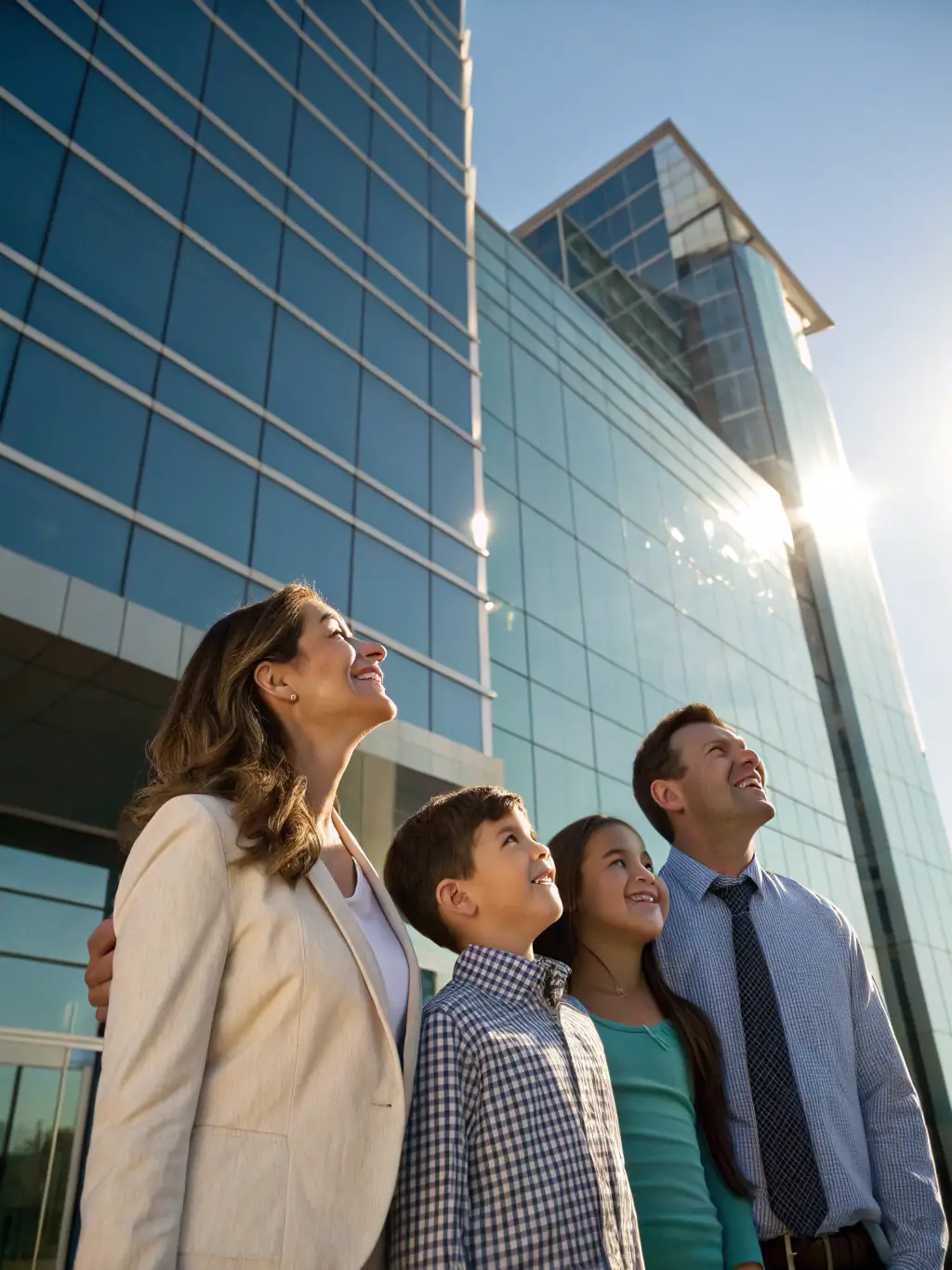 A family portrait in front of a luxury apartment building in Manhattan, representing estate and succession planning for international families.