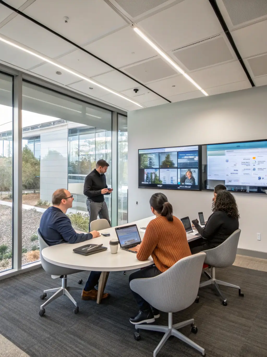A modern office space in Beverly Hills, with employees collaborating on AI-driven business solutions, showcasing a dynamic and innovative work environment.
