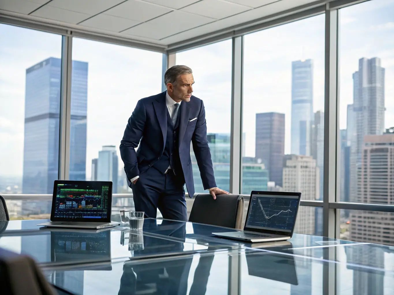 A professional businessman in a suit confidently presenting a strategic plan to his team in a modern Manhattan office, symbolizing clarity and direction.