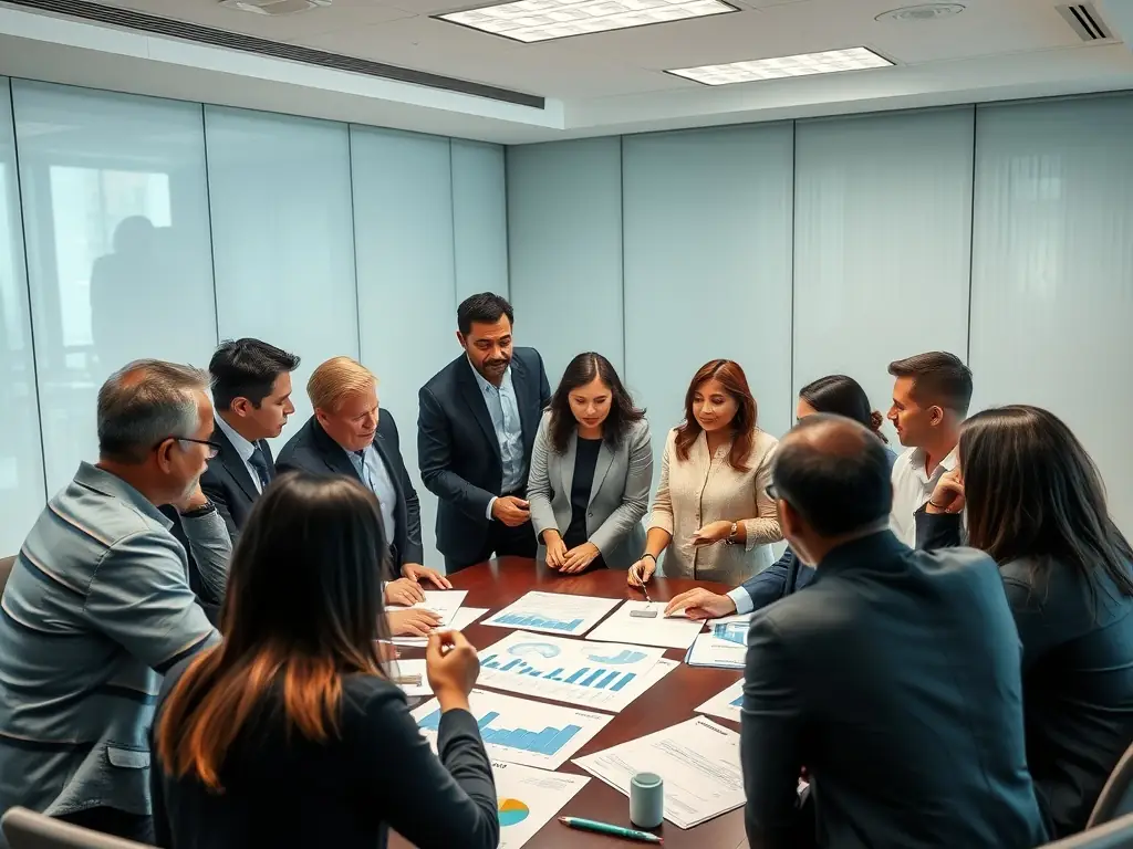 A diverse group of international business people collaborating around a table with financial charts and graphs, representing global investment strategies and diverse perspectives, symbolizing comprehensive investment solutions.
