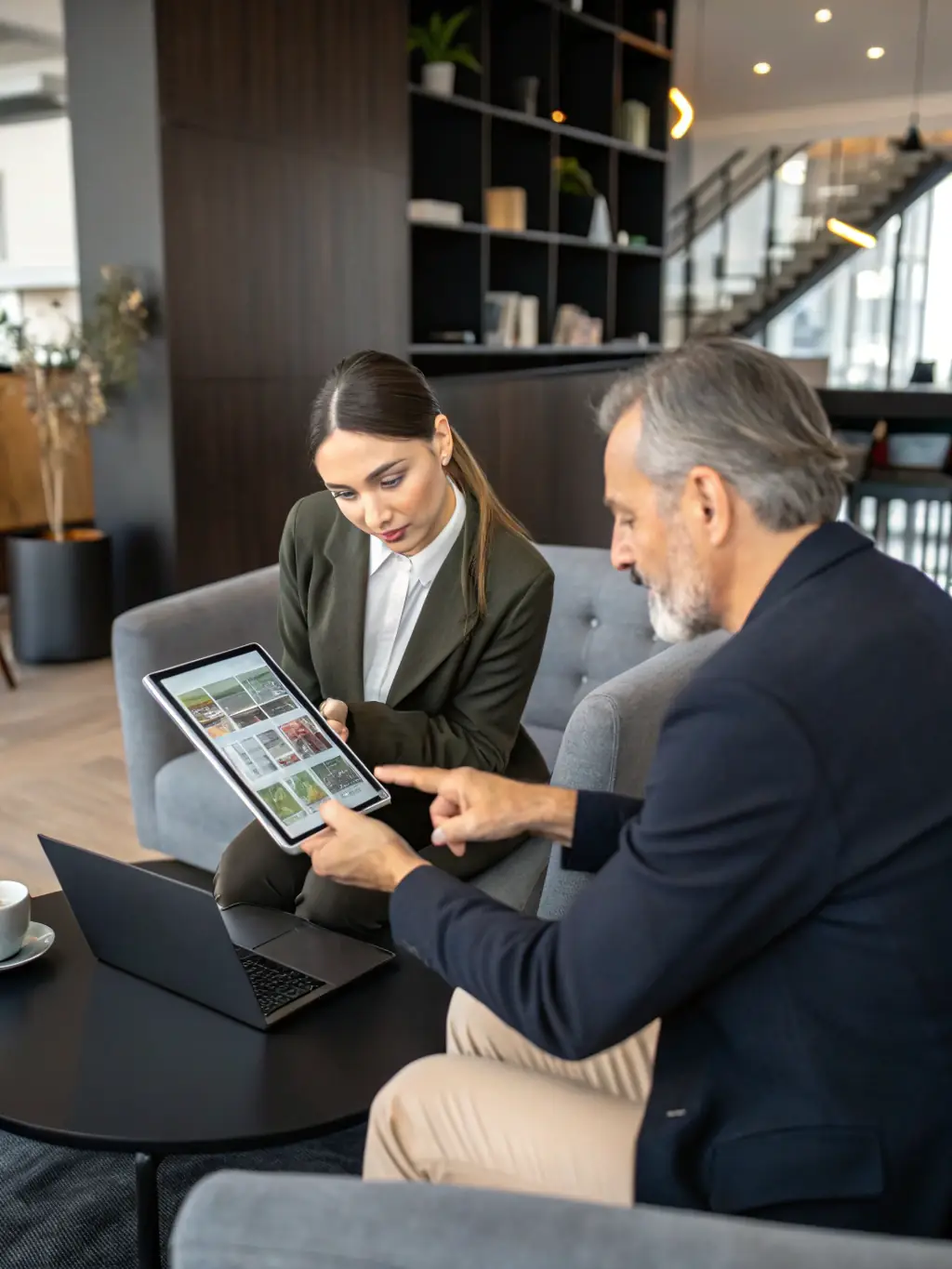 A discreet meeting in a sophisticated office setting, where a real estate advisor presents off-market property options to a high-net-worth client, maintaining confidentiality and exclusivity.