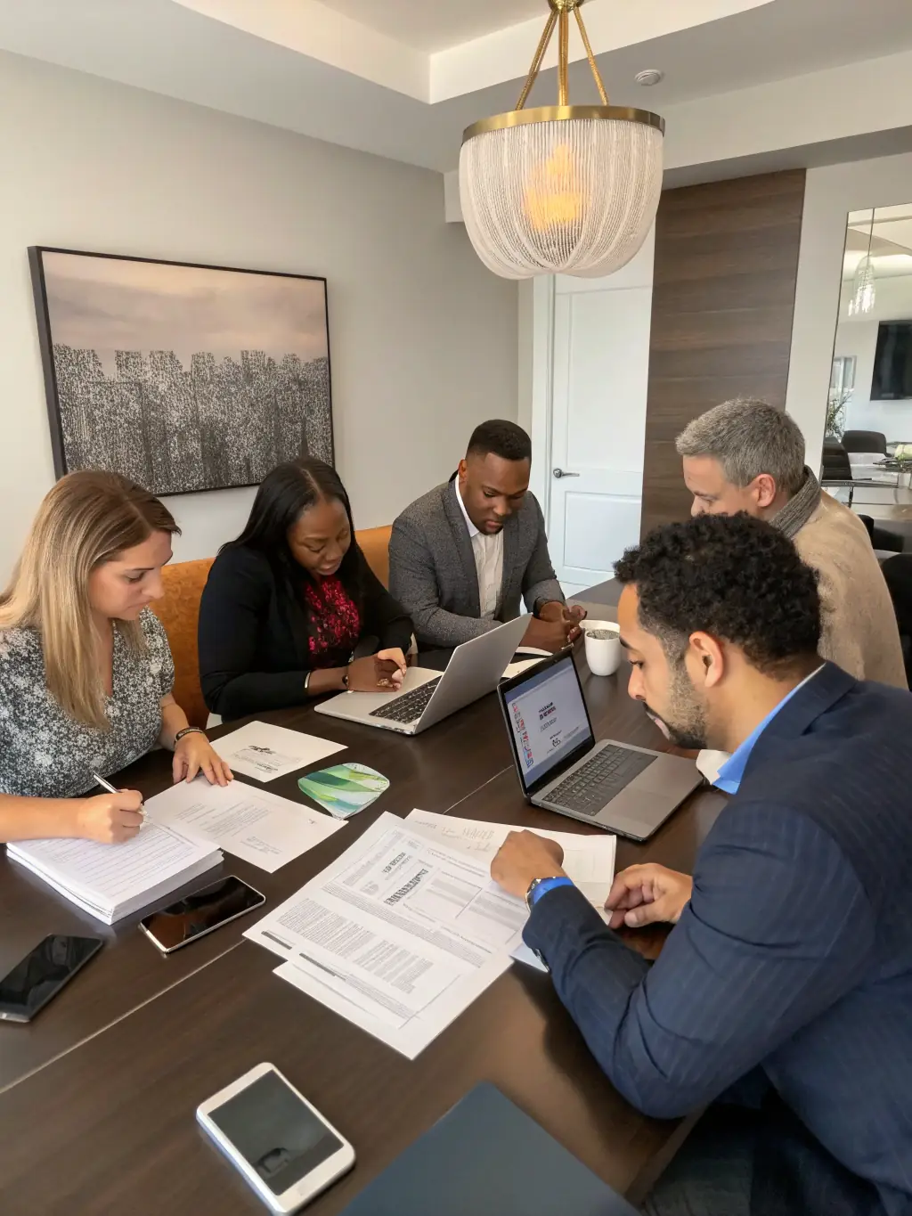 A diverse team of real estate advisors collaborating in a modern office space, emphasizing the collaborative approach and diverse expertise.