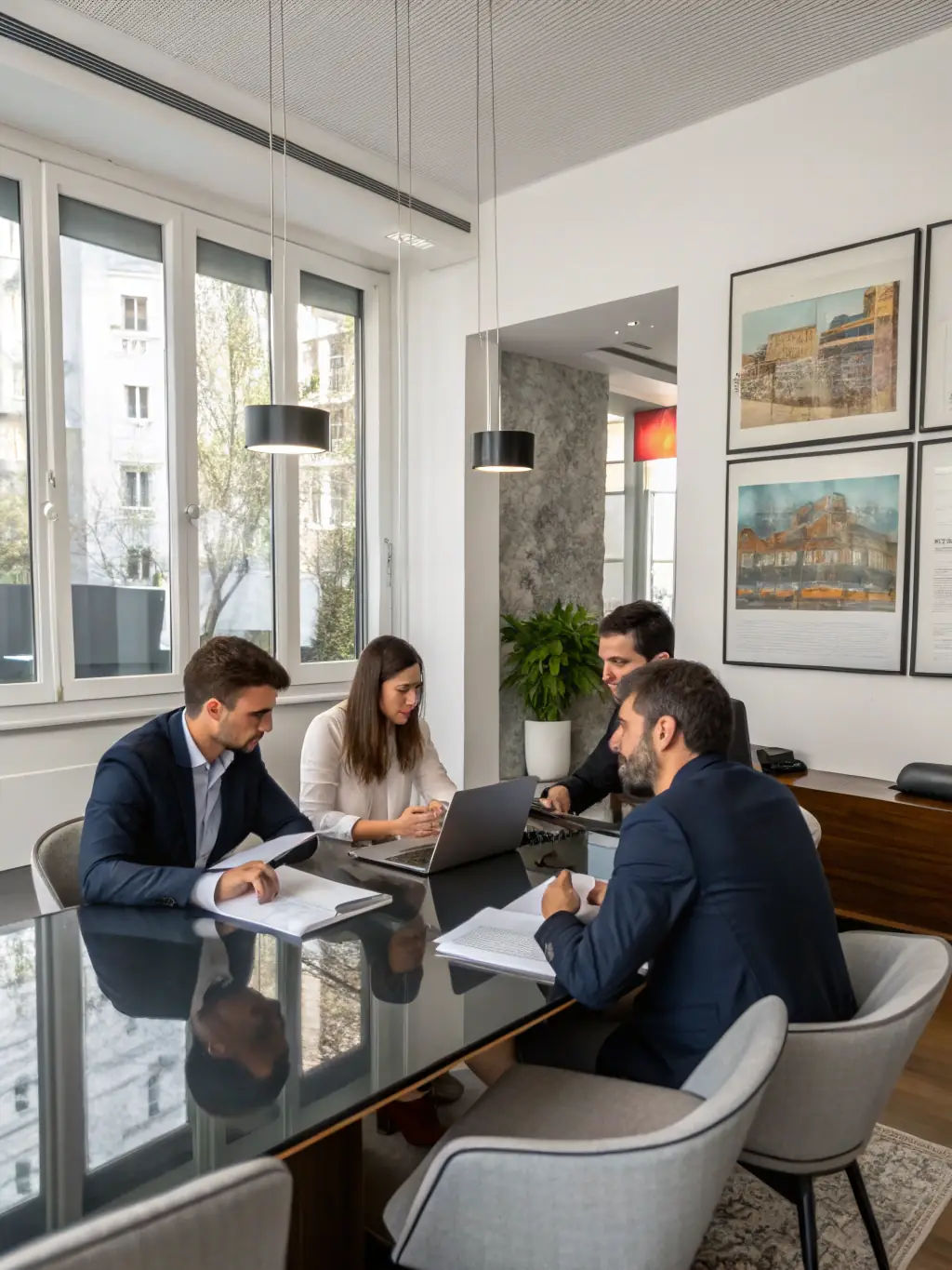 A high-quality photo of a diverse team of Manhattan Advisory consultants collaborating in a modern office setting, brainstorming ideas on a whiteboard, symbolizing their industry expertise and collaborative approach.