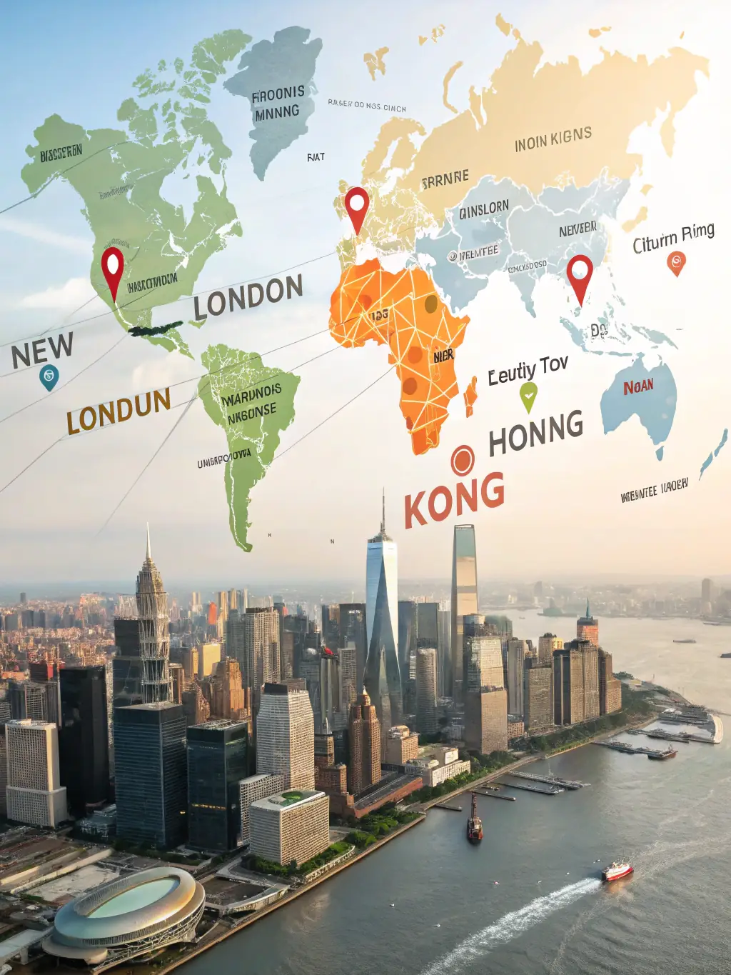 A world map fading into the Manhattan skyline, symbolizing multi-jurisdictional financial structures and international asset considerations.