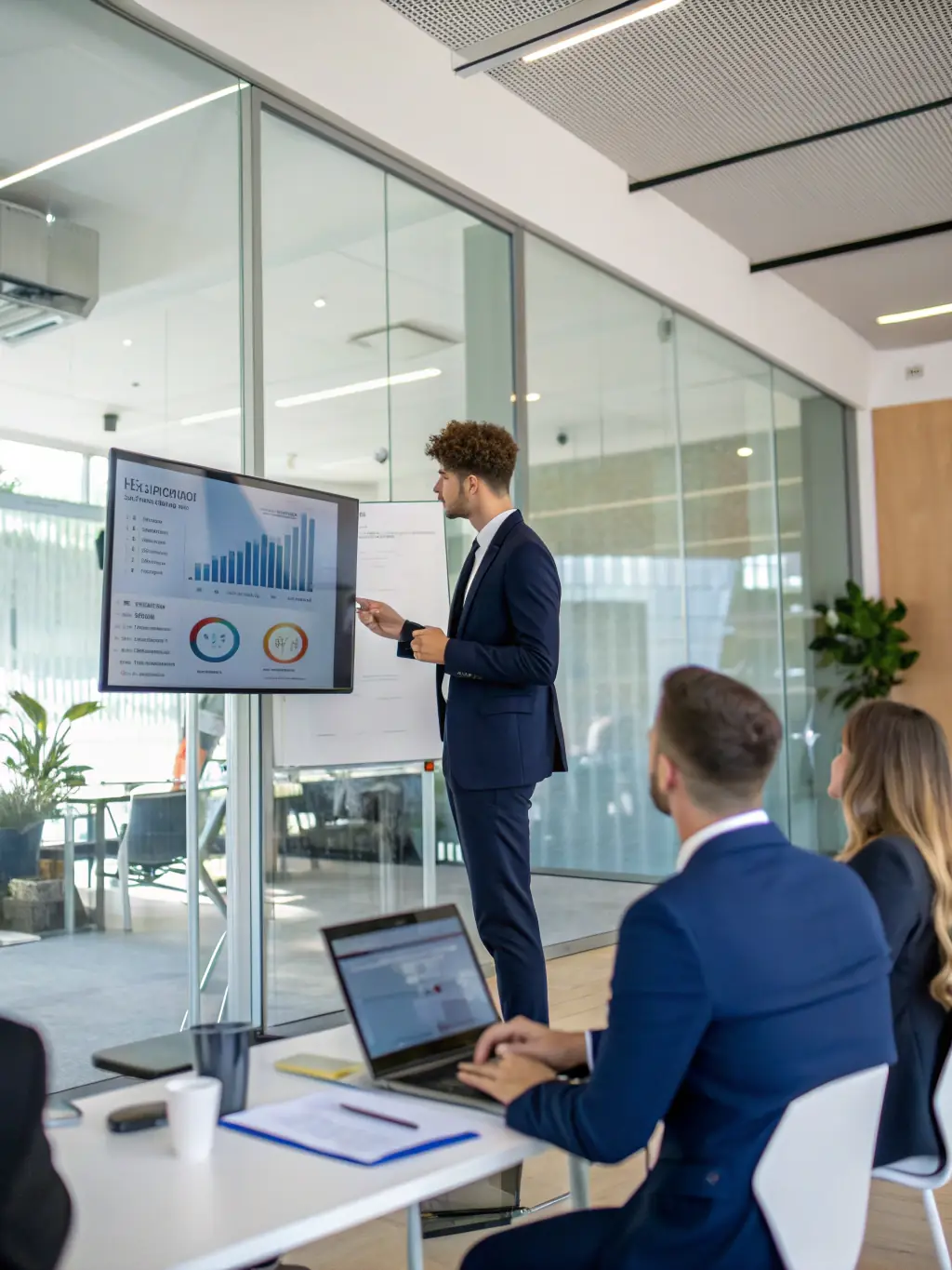 A consultant presenting data-driven insights on a large screen to a client, showcasing analytical capabilities.