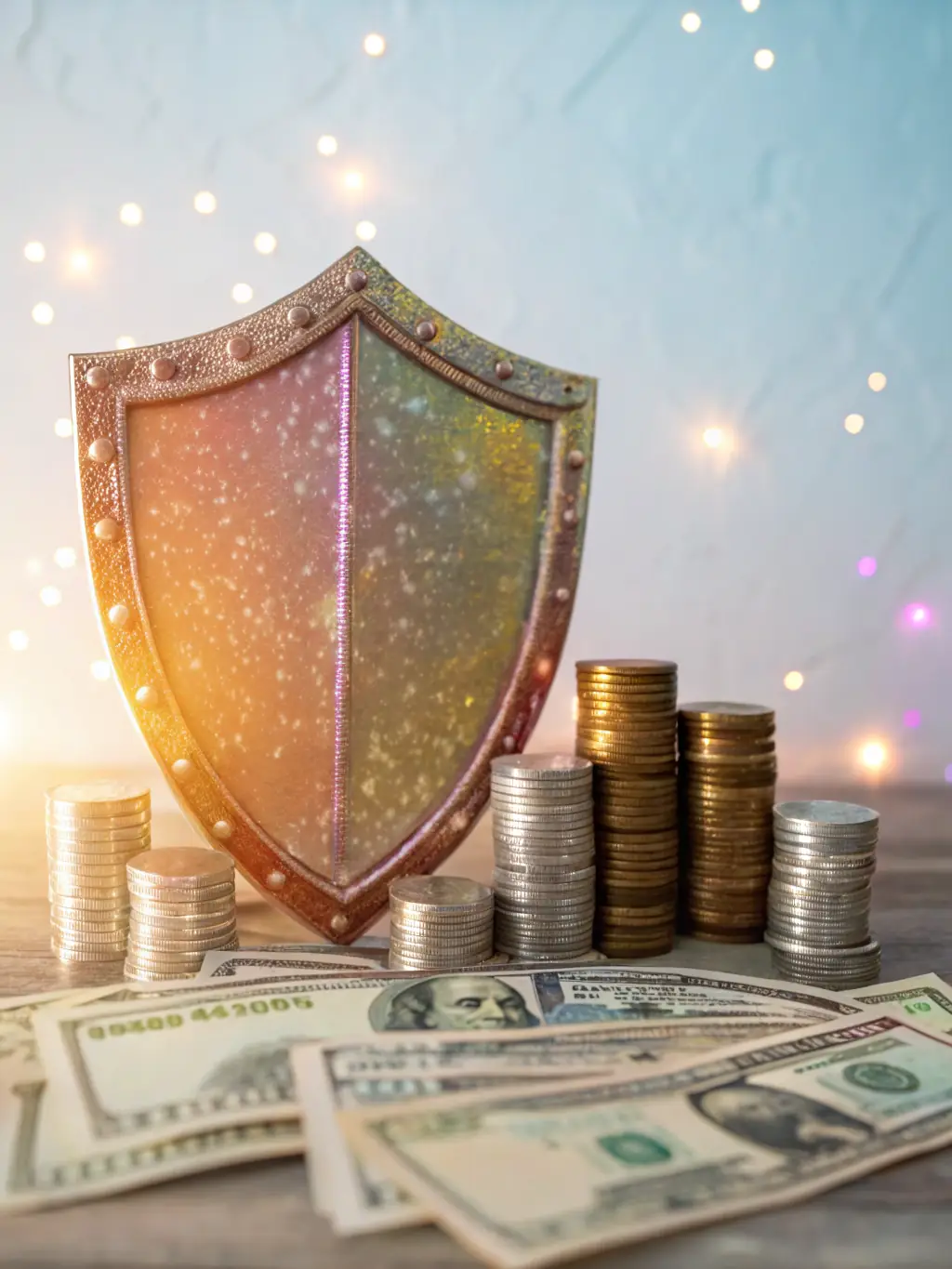 A photograph of a sturdy shield protecting a flourishing plant from harsh weather, symbolizing downside protection in investments.