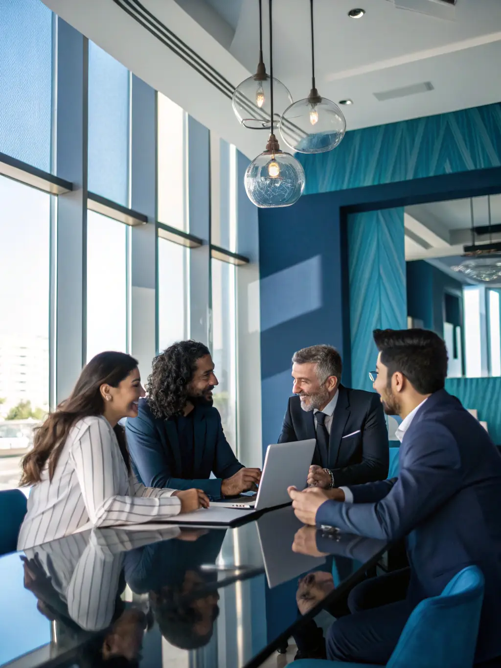 A strategic planning session with advisors discussing capital allocation strategies using visual aids and market analysis reports.