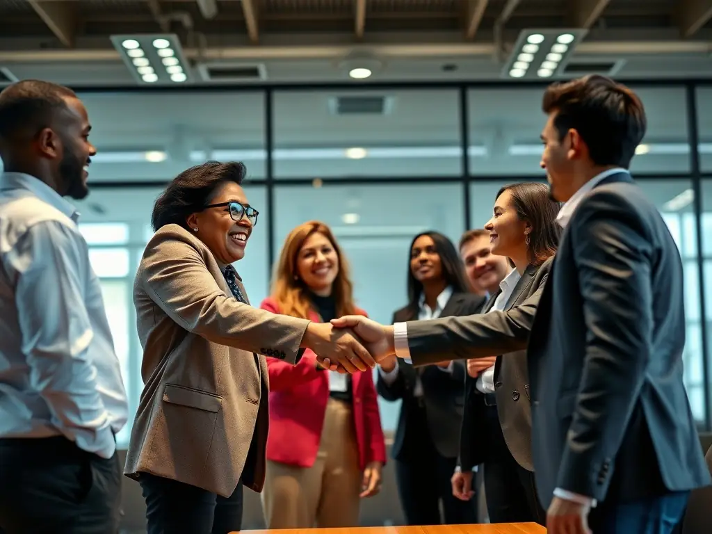 A diverse group of international business people shaking hands in front of the US flag, representing successful US market entry for foreign clients.