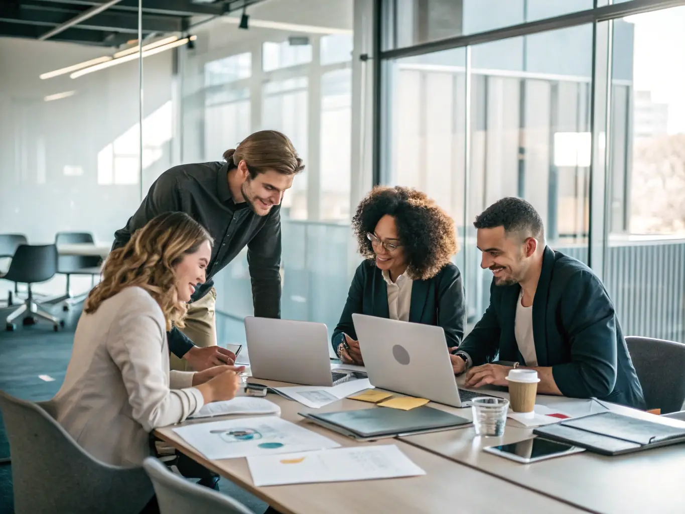A high-angle, wide shot of a diverse group of professionals collaborating around a large table in a modern office, reviewing architectural blueprints and financial documents, symbolizing real estate diversification and strategic planning.