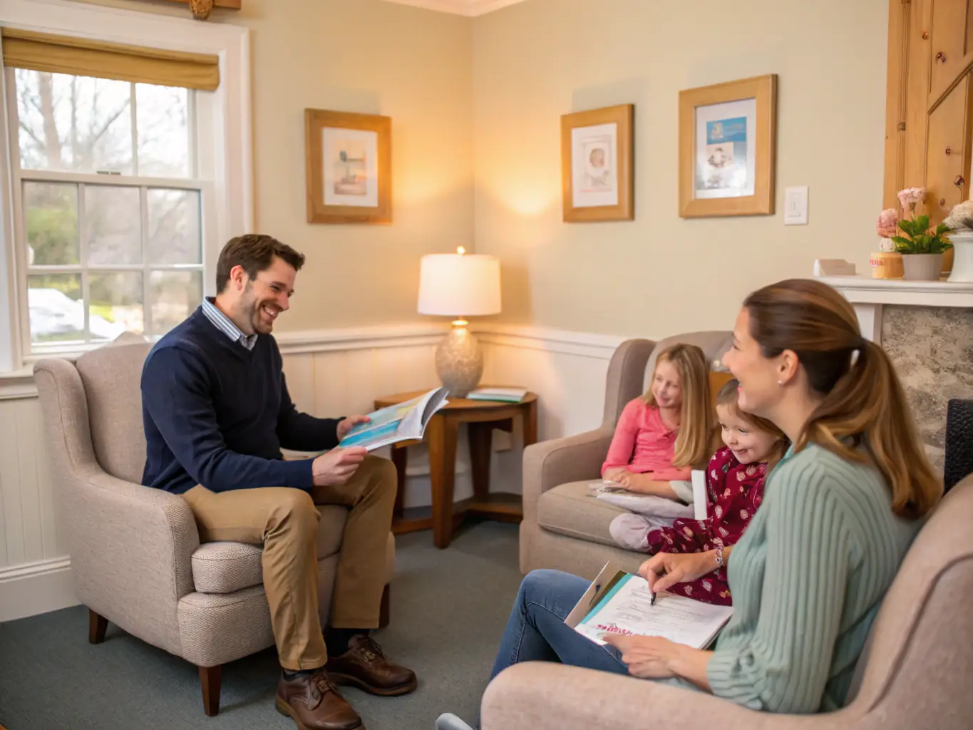 A professional setting with ARH Global Advisors consulting with a family, discussing trust ownership and LLC structuring, highlighting the personalized advisory services.