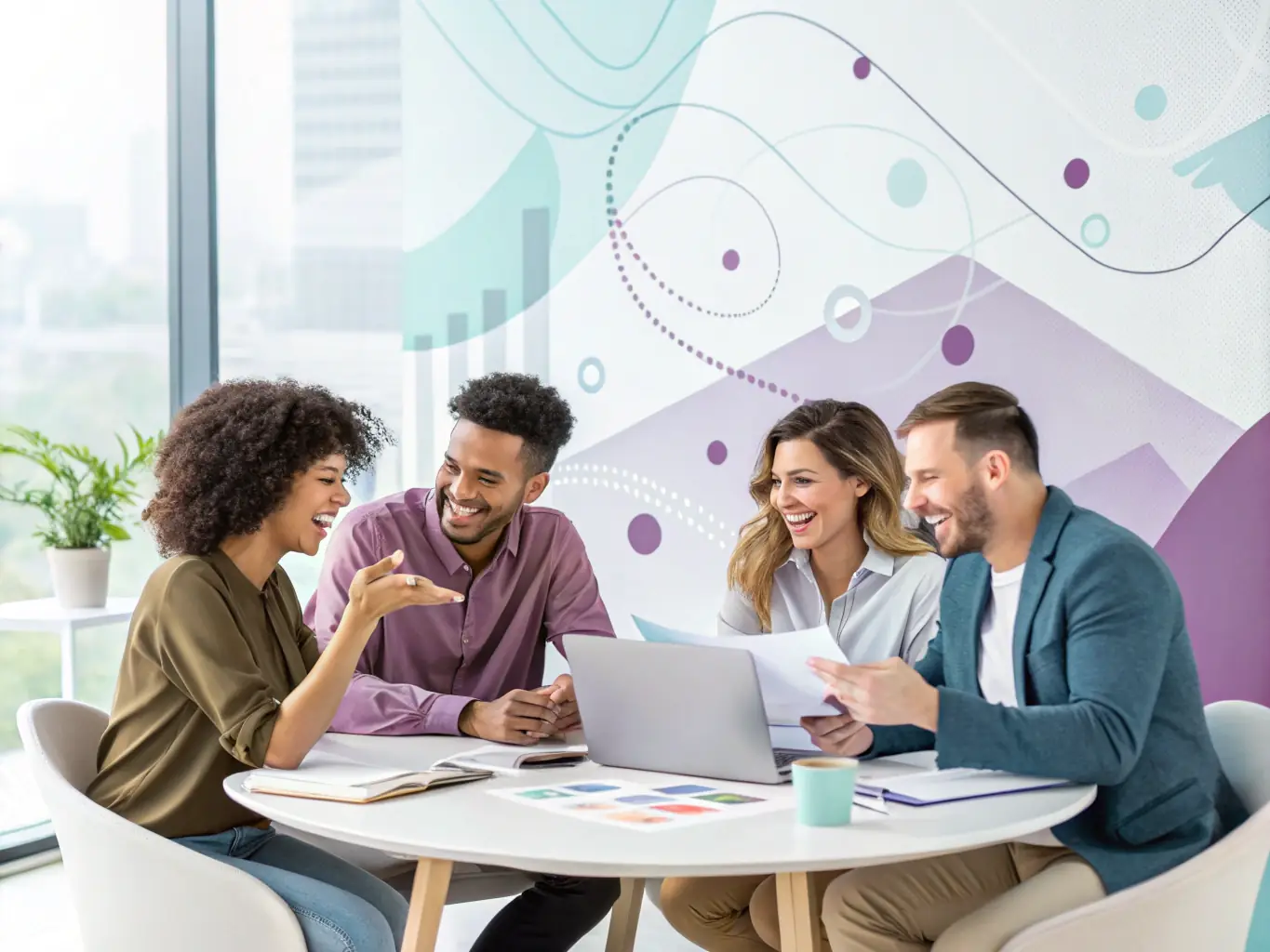 A modern office setting with a team collaborating on business development strategies, showcasing client acquisition and growth initiatives.