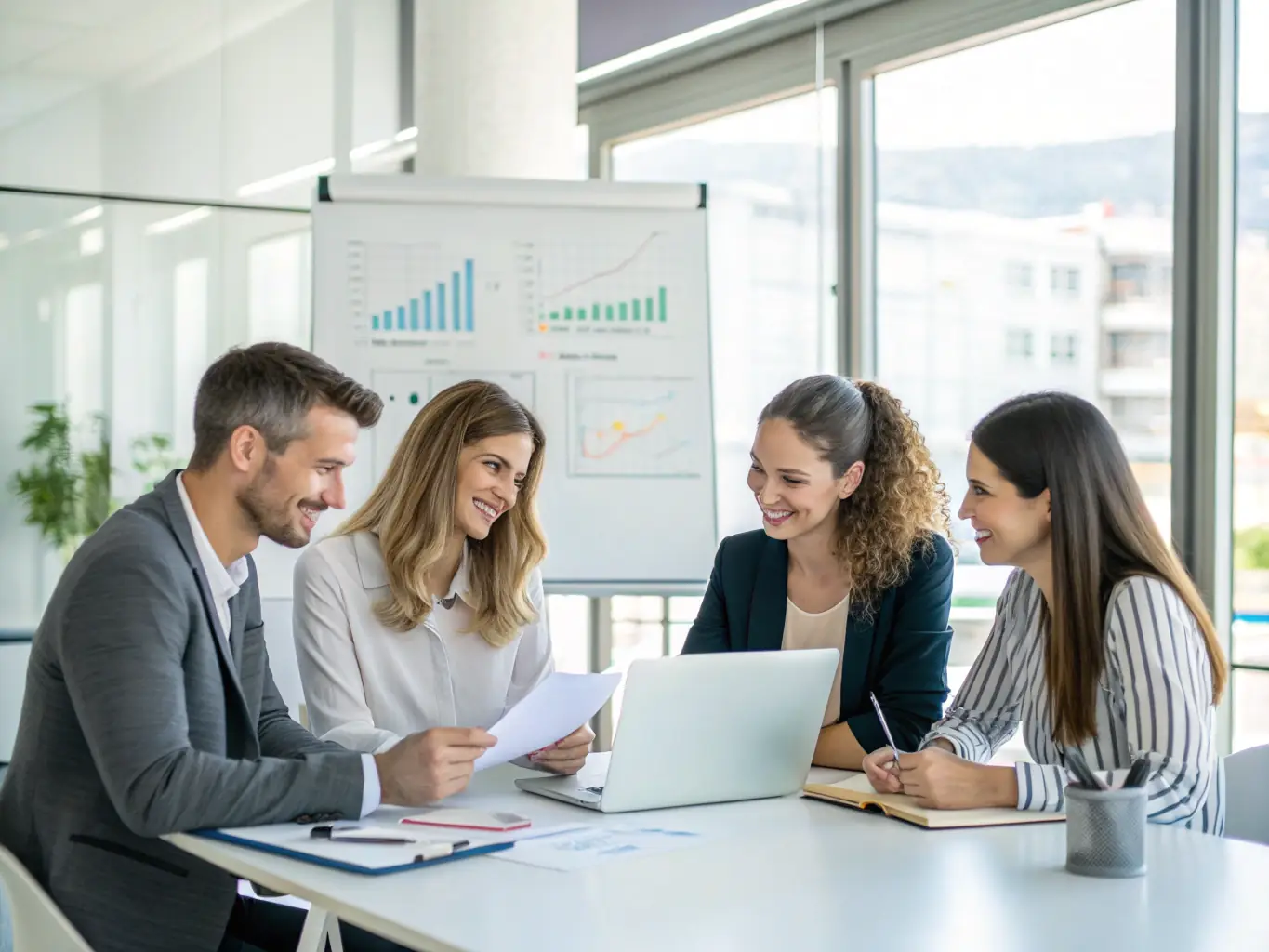 A close-up shot of a diverse group of professionals in a modern office, reviewing financial charts and graphs, symbolizing expert financial management and strategic planning.