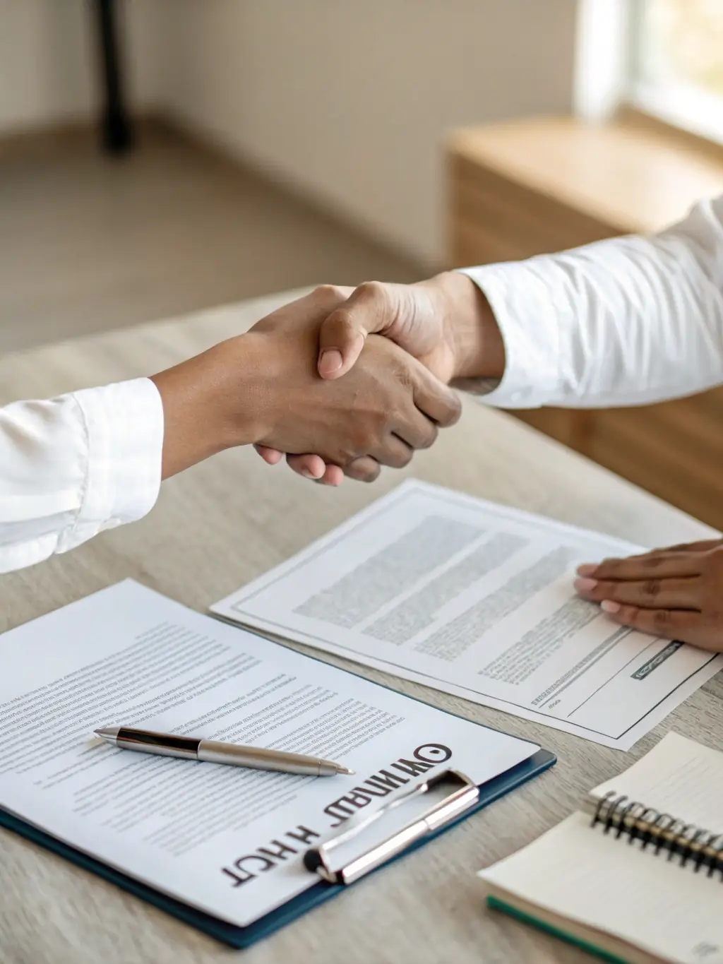 An image of two hands shaking across a table with international flags subtly displayed in the background, representing cross-border collaboration, for the Manhattan Advisory Services website.