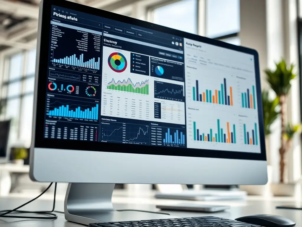 A close-up shot of a financial model on a computer screen, highlighting key metrics and projections, with a blurred background of a busy office environment, representing capital planning.