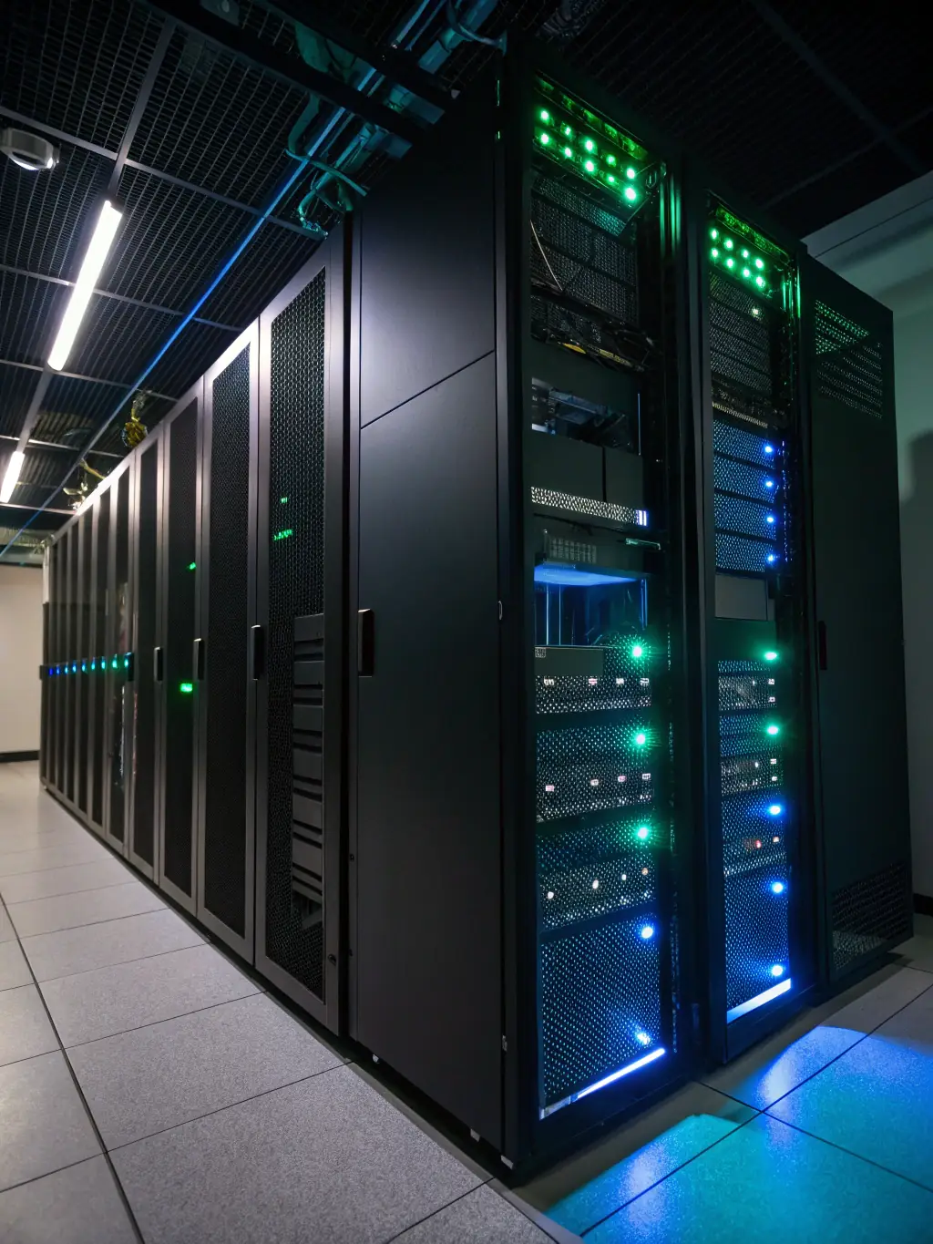 A close-up shot of a server room with blinking lights, symbolizing the infrastructure behind AI policies for law firms.