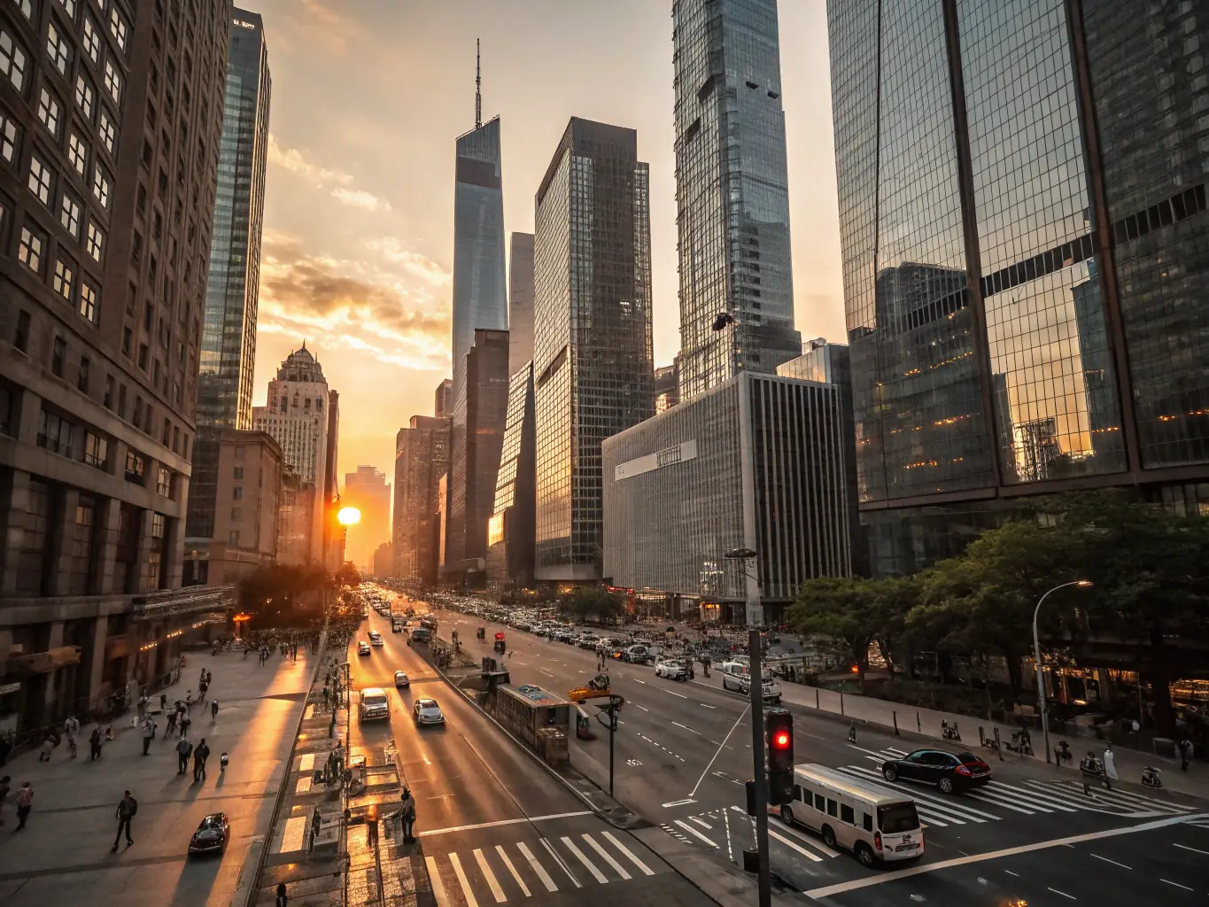 A dynamic cityscape at dusk, symbolizing business expansion consulting. The image should convey growth, opportunity, and strategic planning.
