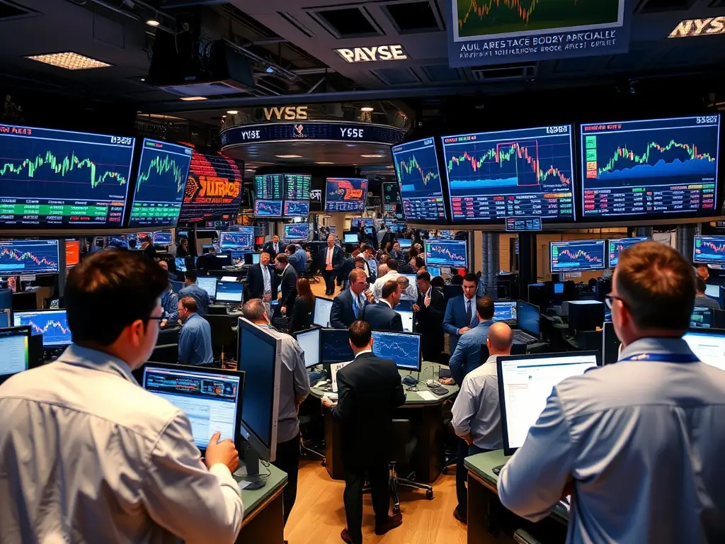 A close-up shot of a busy trading floor in New York, with screens displaying market data and analysts working diligently, representing the fast-paced and dynamic nature of the New York market.