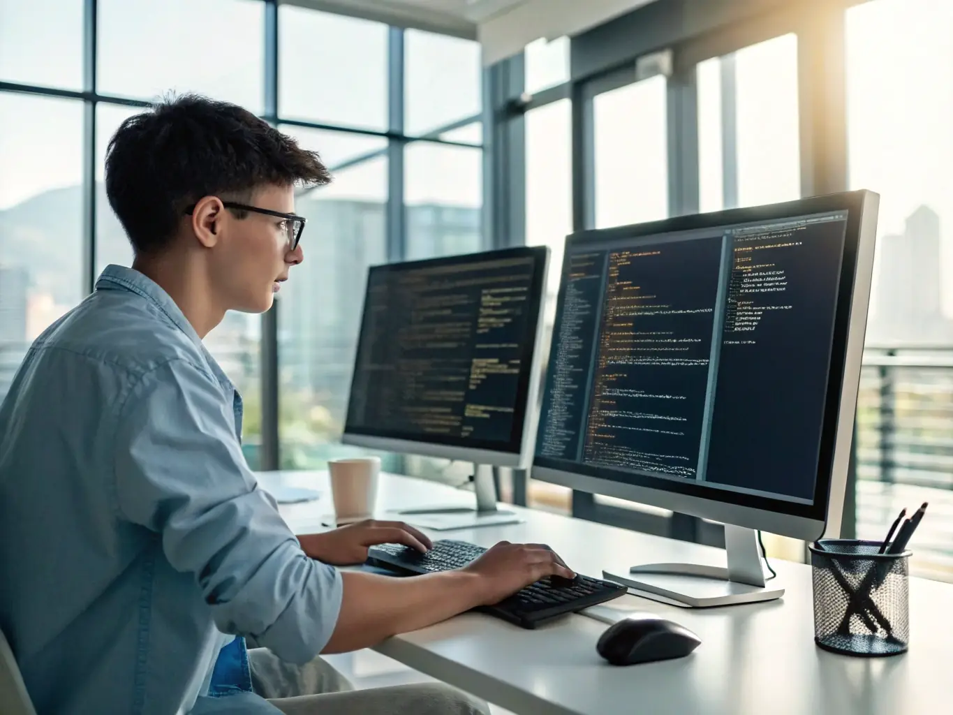 A software developer is coding a custom legal solution on a computer, with lines of code representing the tailored features and functionalities designed to meet a law firm's unique requirements.