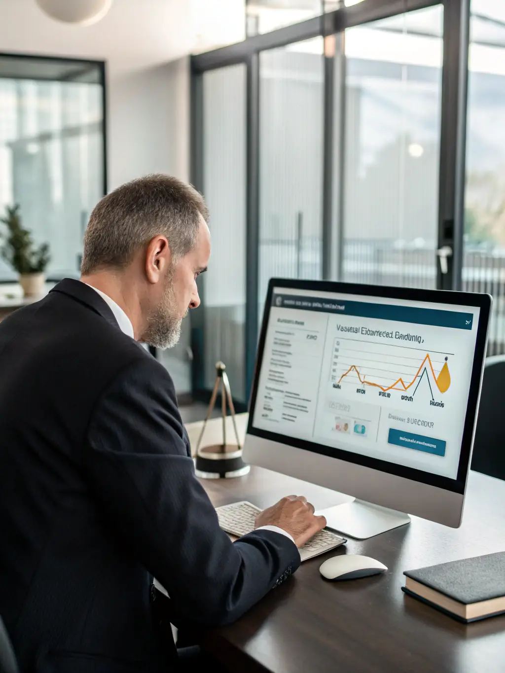 A lawyer using AI-powered analytics to gain insights into case strategy and predict potential outcomes, demonstrating data-driven decision-making.