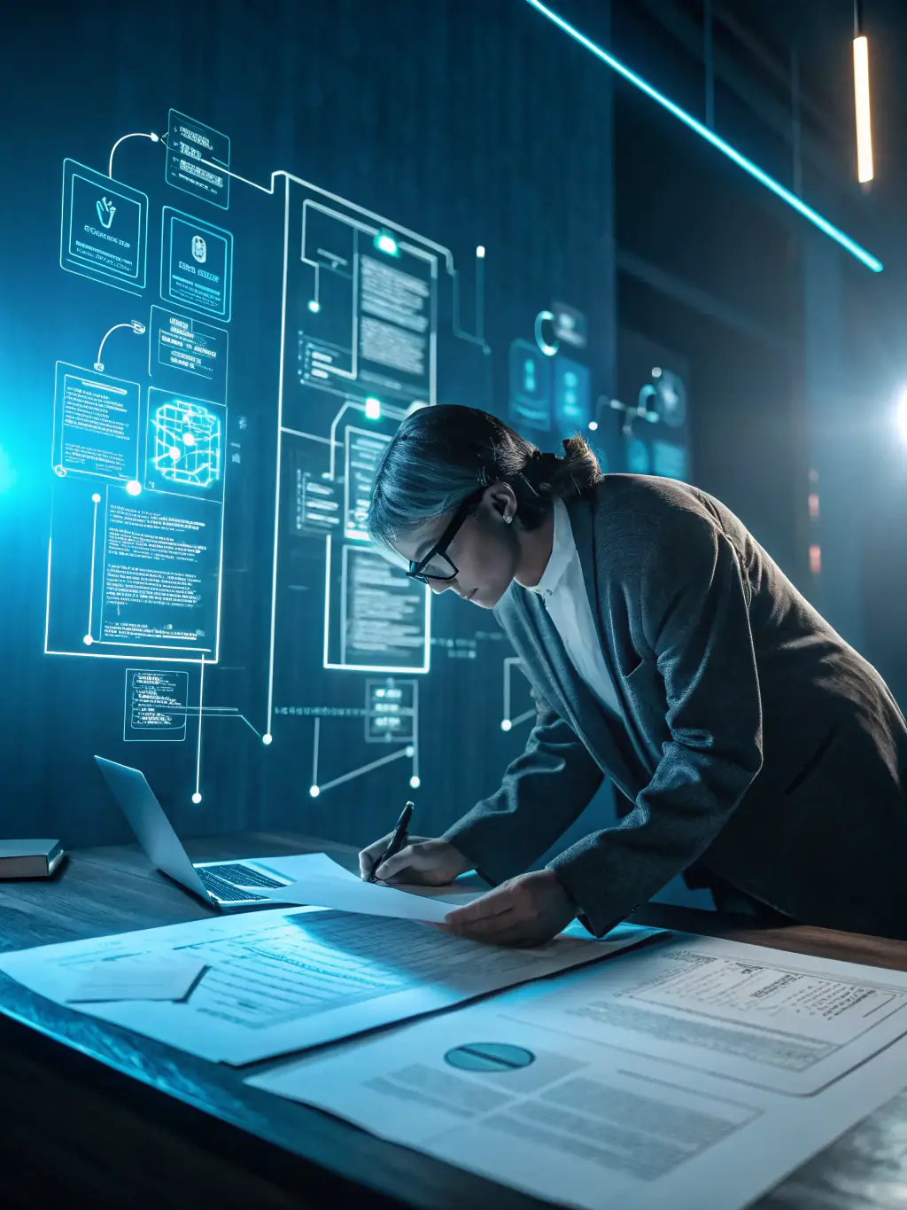 An abstract image representing the practical application of AI in a legal setting, emphasizing real-world solutions over theoretical concepts.