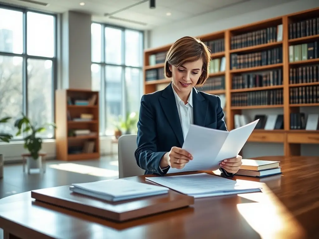 A professional executor reviewing property documents in a well-lit office, symbolizing meticulous attention to detail and fiduciary responsibility.