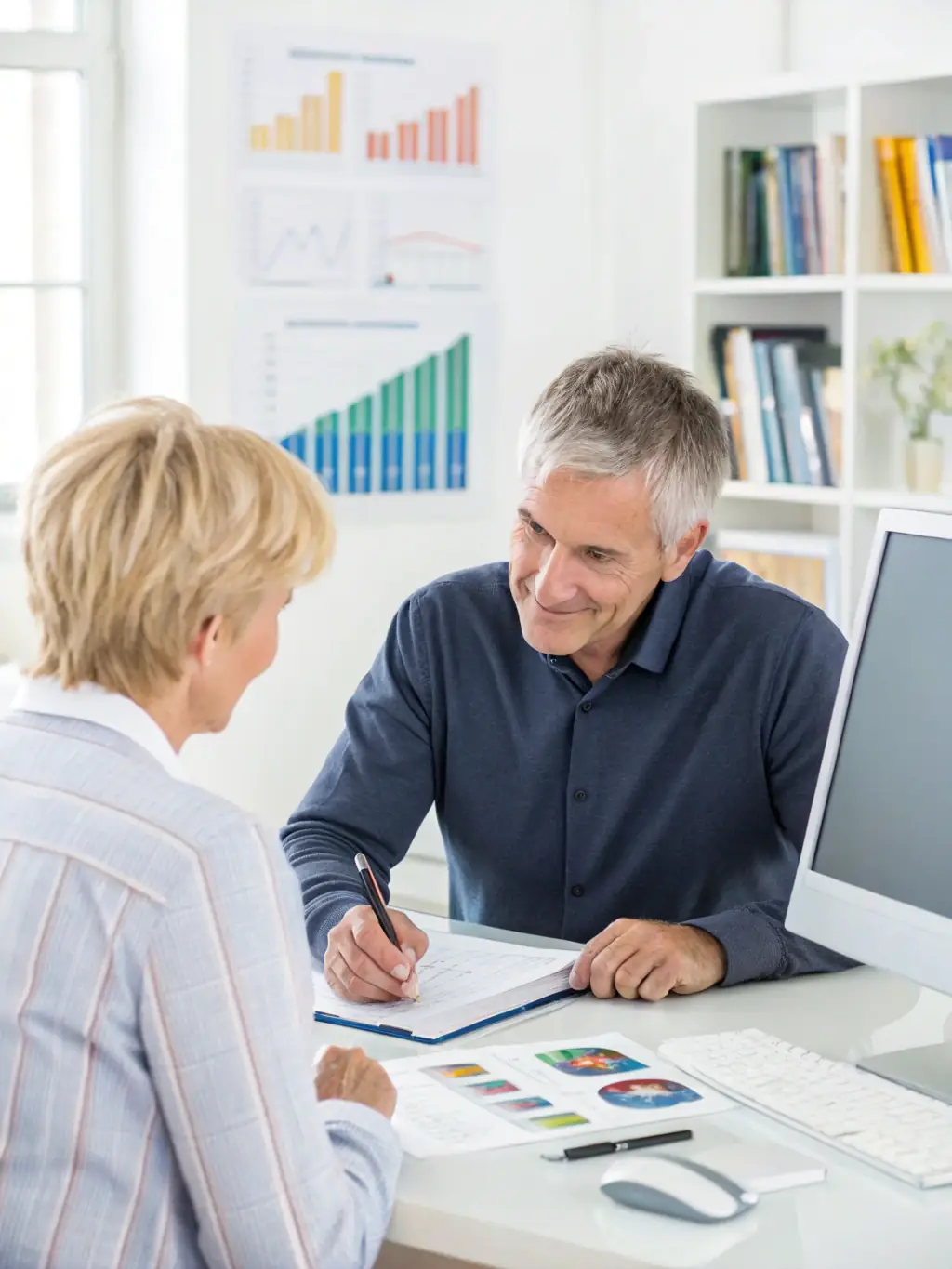 A professional advisor in a virtual meeting, discussing retirement plans with a client, showcasing charts and graphs on the screen.
