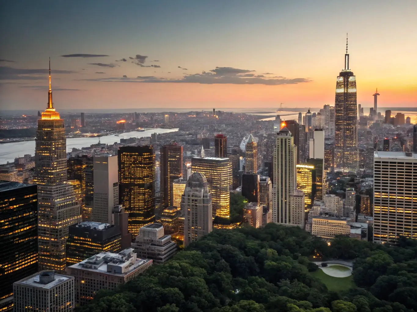 A high-angle shot of the New York City skyline at dusk, emphasizing the density and complexity of the urban environment, symbolizing the challenges of the real estate market.