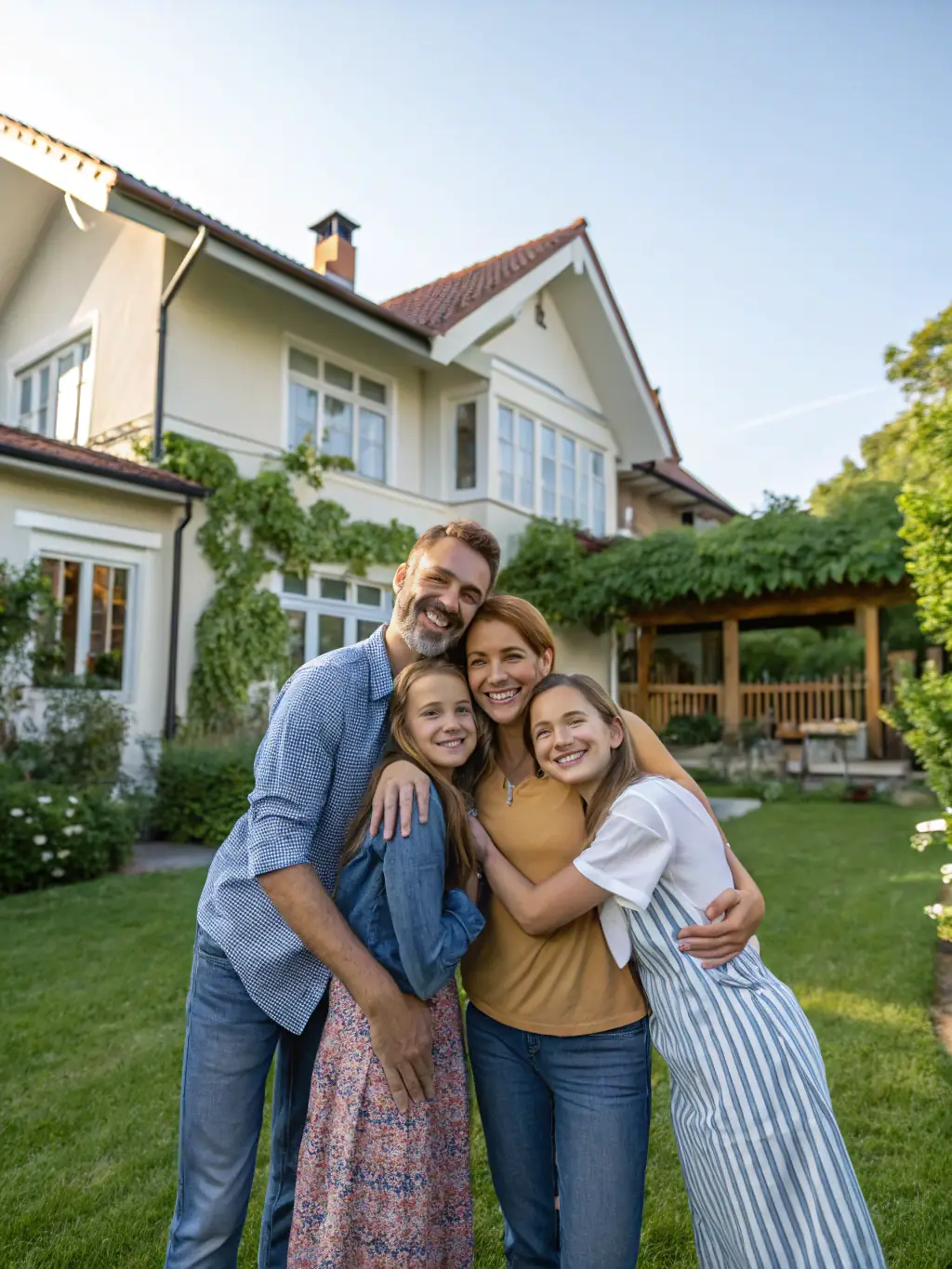 A family happily standing in front of a beautiful home, symbolizing the lasting value and legacy creation through real estate investments.
