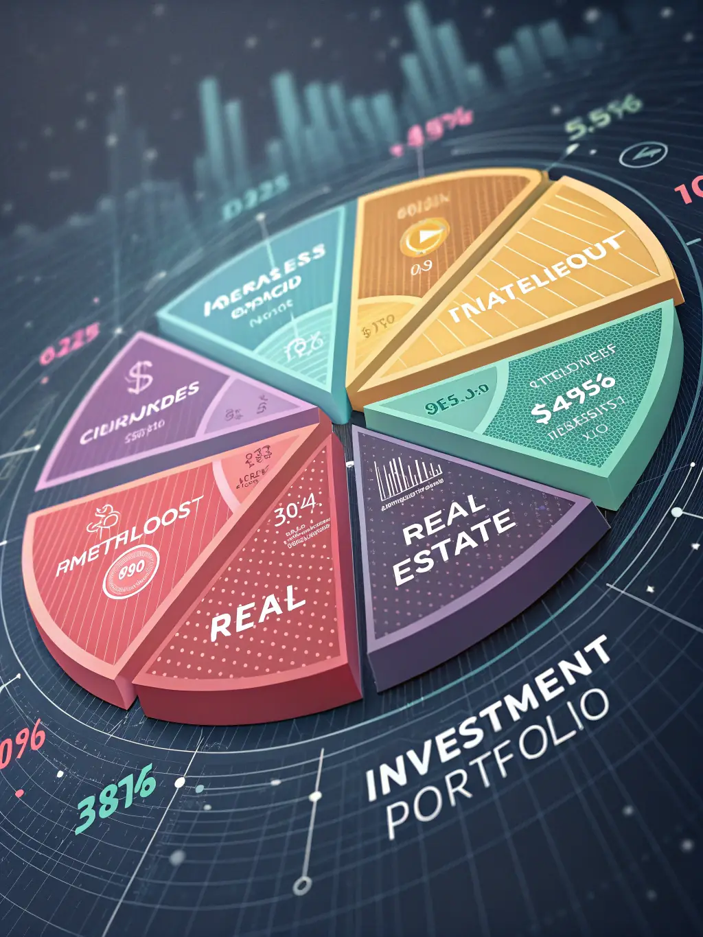 A diverse portfolio chart showing various asset classes, including real estate, stocks, and bonds, illustrating balanced investment strategy.