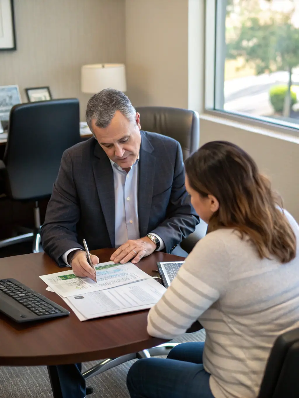 A professional advisor reviewing financial documents with a client in a modern office setting, symbolizing fiduciary wealth strategy.