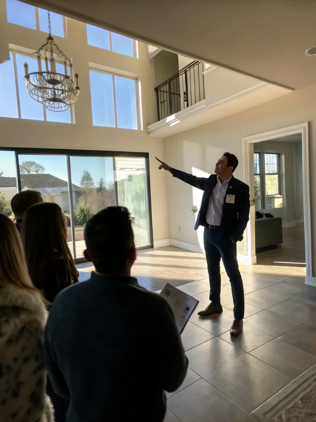 A luxury home being shown by a real estate agent to a potential buyer, representing real estate advisory and execution.