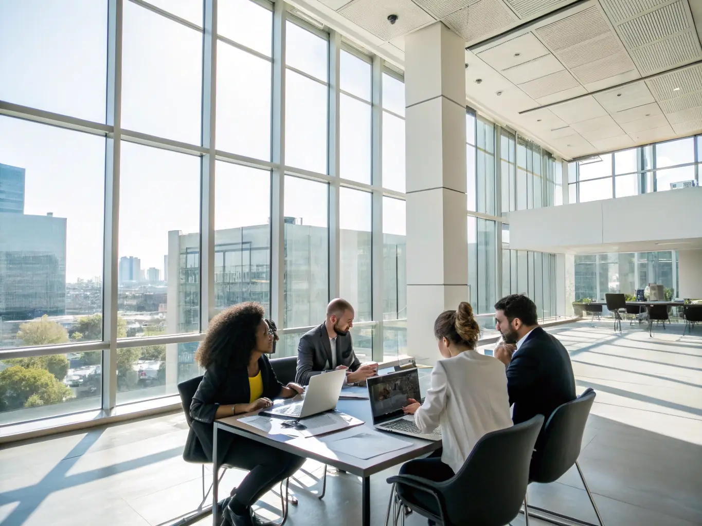 An image of a modern office interior with a diverse team collaborating, symbolizing the collaborative approach to tax and investment strategies.