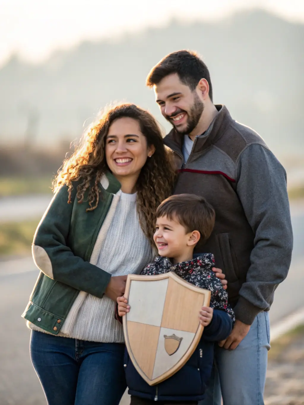 An image of a family being protected by a shield, symbolizing insurance and risk structuring.