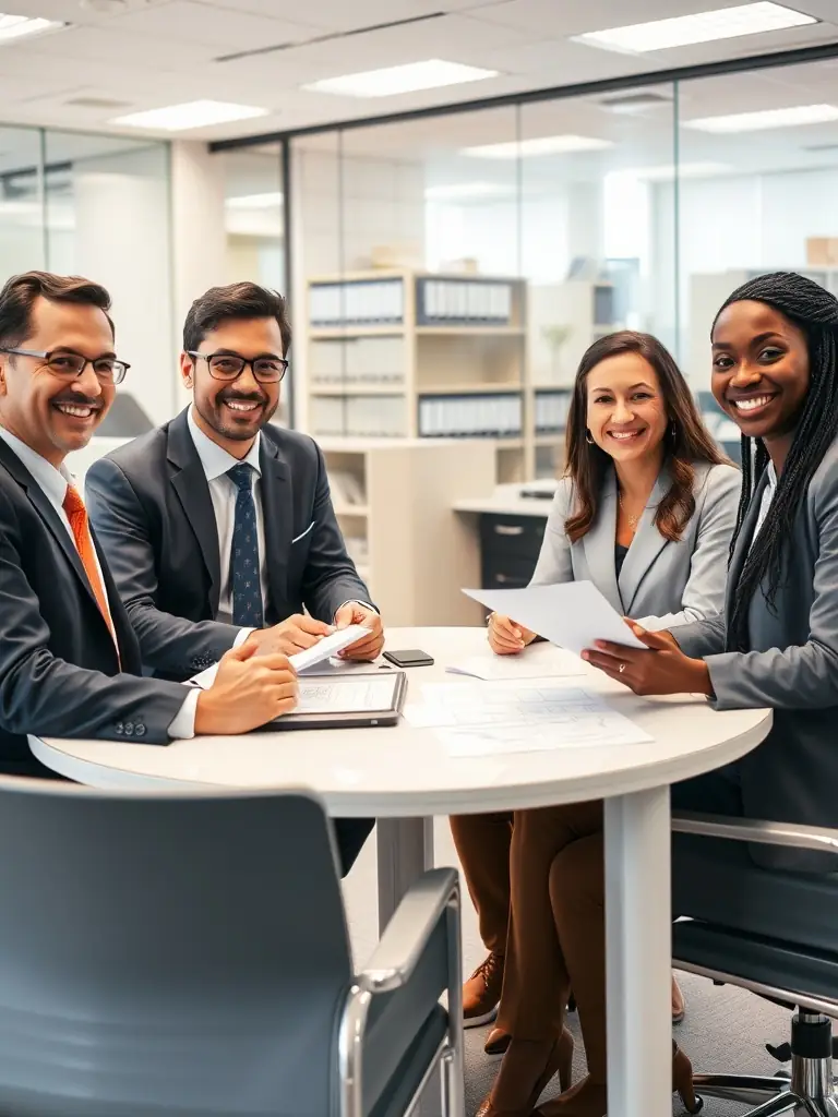 A diverse team of lawyers collaborating effectively in a modern law firm setting, showcasing strong leadership and teamwork.