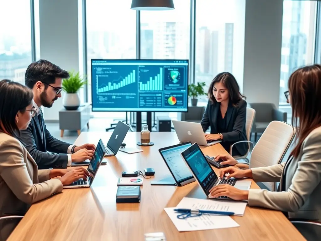 A team of lawyers collaborating on a project, using digital tools and data analytics to optimize processes and improve efficiency.