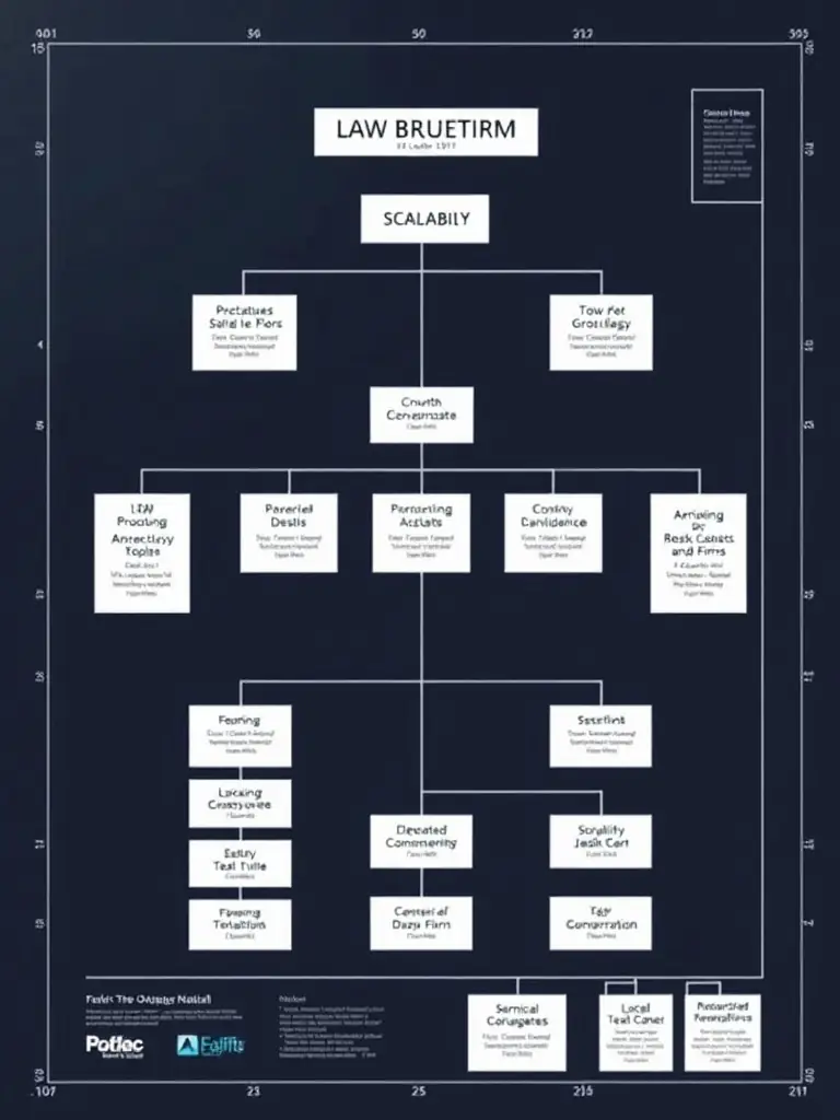 An architectural blueprint of a law firm's organizational structure, highlighting scalability and future growth potential.