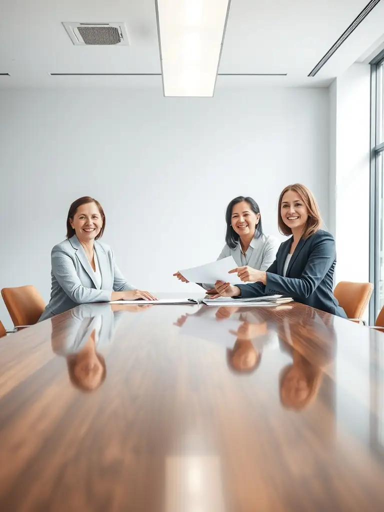 A brightly lit, modern law office with lawyers collaborating around a table, showcasing a streamlined and efficient workflow.
