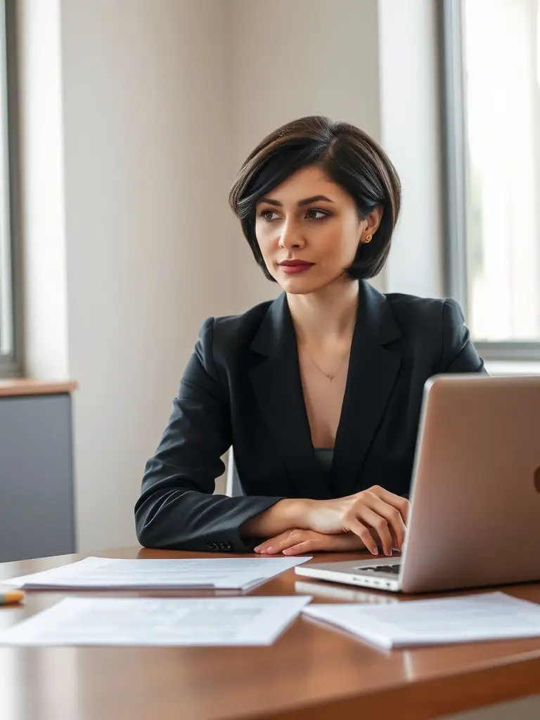 A professional lawyer in a modern office, reviewing documents with a focused expression, symbolizing meticulous attention to detail and operational excellence.